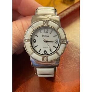 Women's 33mm Silver Tone Bora Watch, White Enamel Accented Bezel and Band